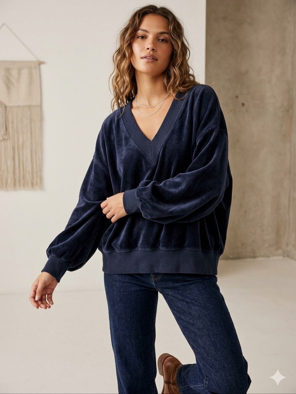 FP Movement Free People Volley V-Neck Pullover Sweatshirt Blue/Black XL
